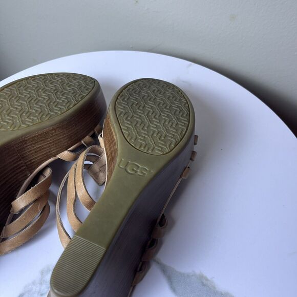 UGG Mattie Brown Leather Wedge Heel Wood Platform Slip On Sandals Size 8.5 - Picture 6 of 7